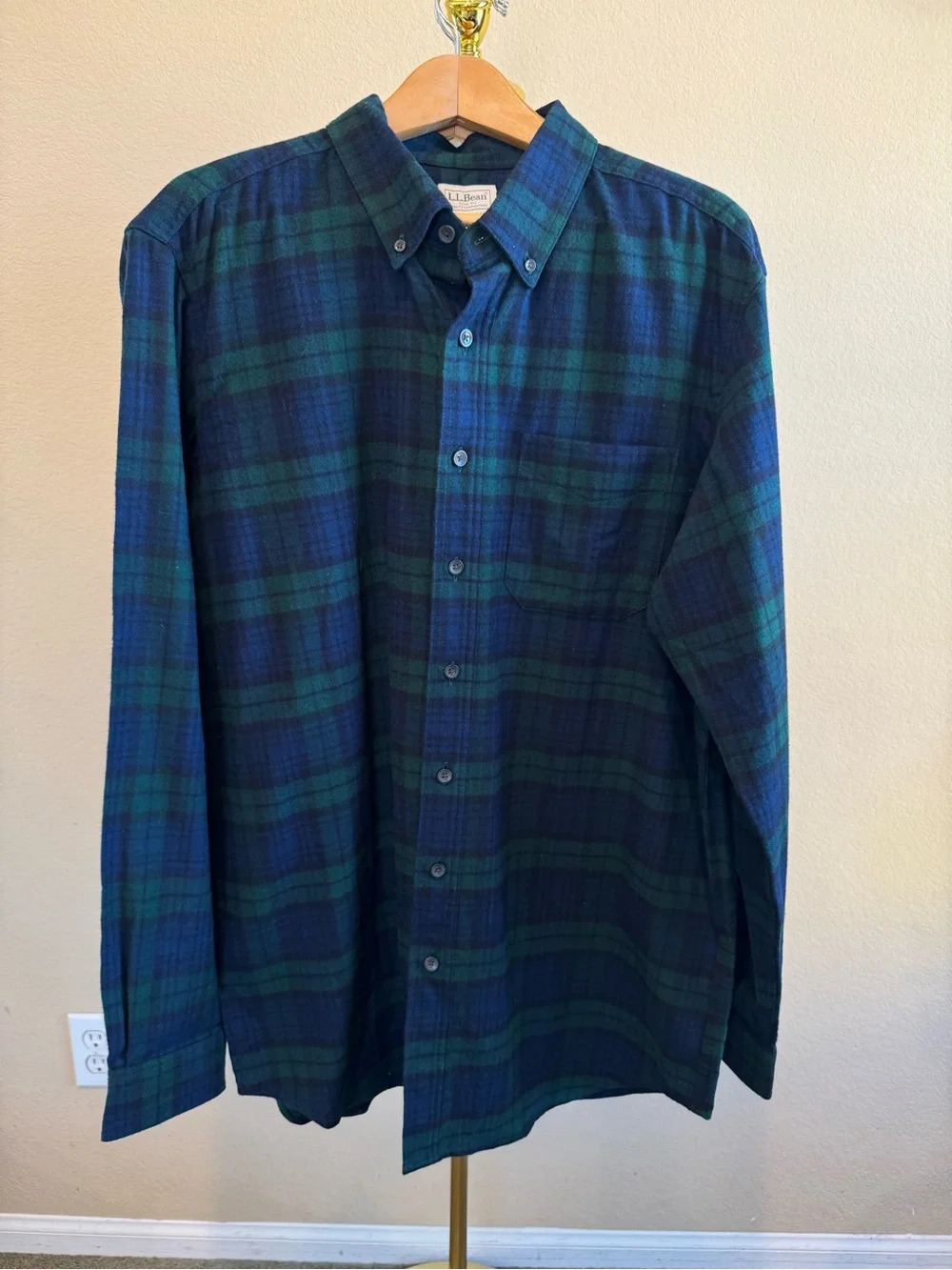 NWT LL Bean Flannel Shirt Men L TALL Blue Green Scotch Plaid Button Down Outdoor